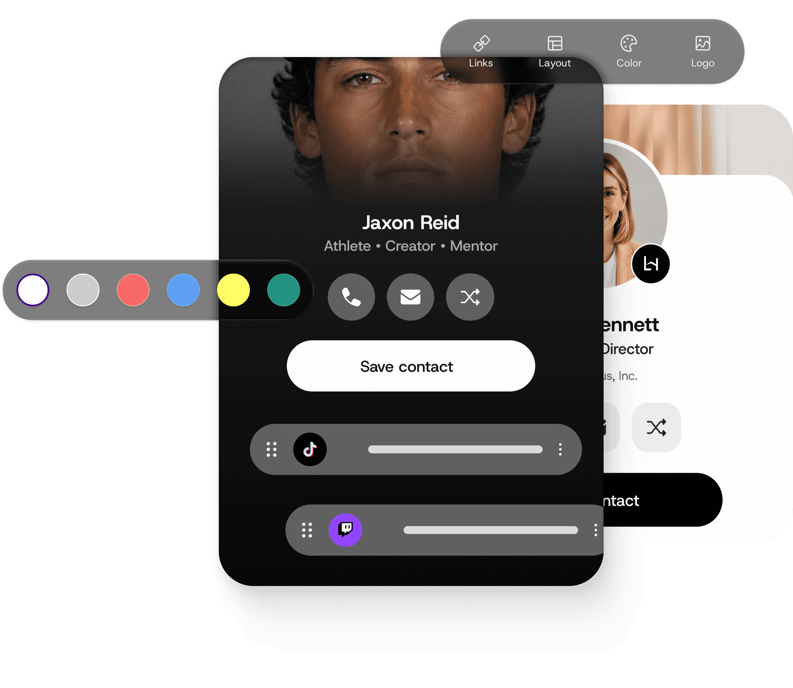 Profile customization; links, social platforms, and save-contact card